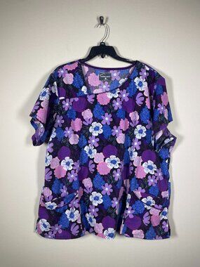 Butter Soft Women's Short Sleeve Floral Pocket Scrub Top Purple 3X Cotton!